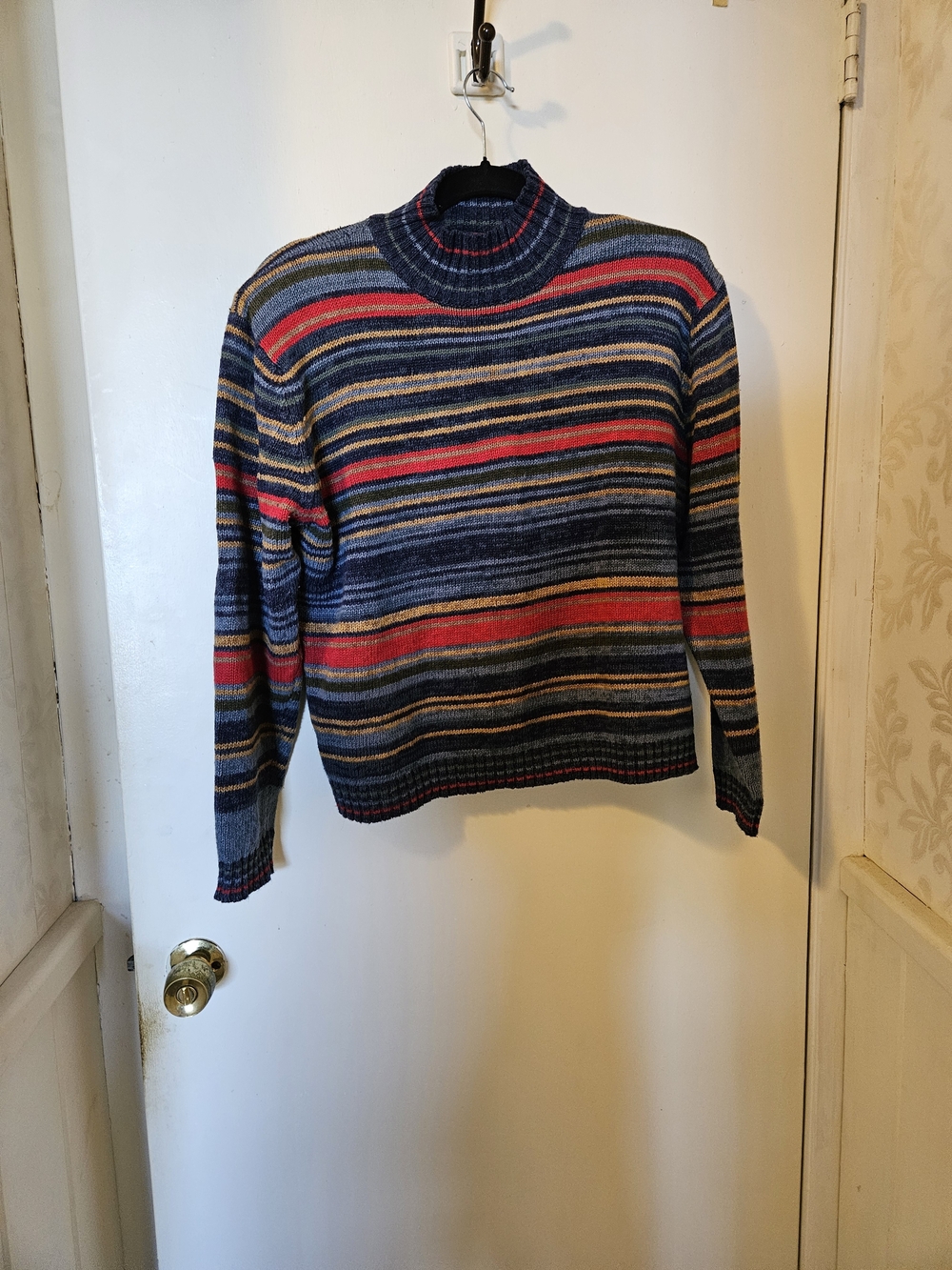 Vintage Tiara Multi-Stripe Cowl Neck Sweater in Navy, Red, Gold